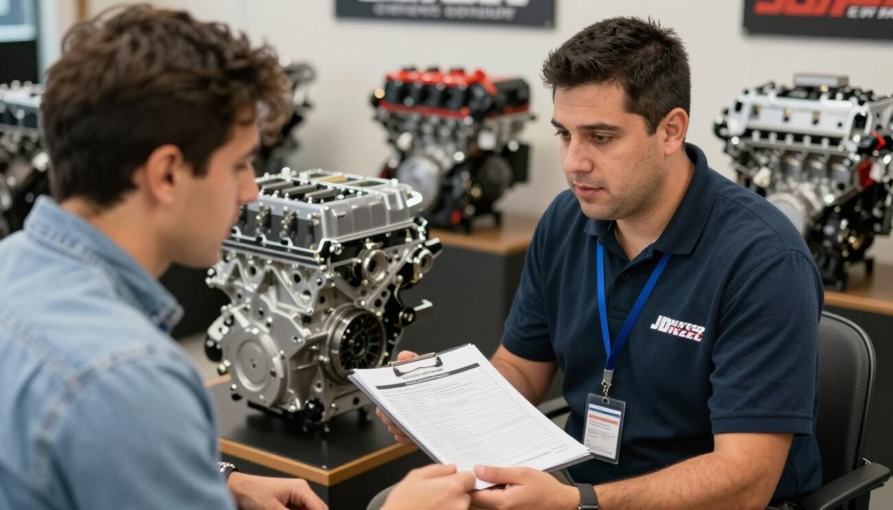 Customer consulting with JDM engine expert about engine options