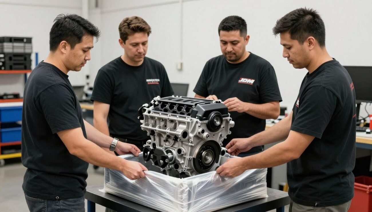 JDM engine being carefully packaged for shipping at Arthur Gonzalez JDM Engines