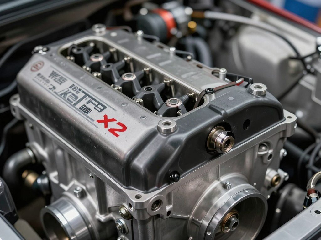 JDM engine with visible Japanese markings and distinctive components