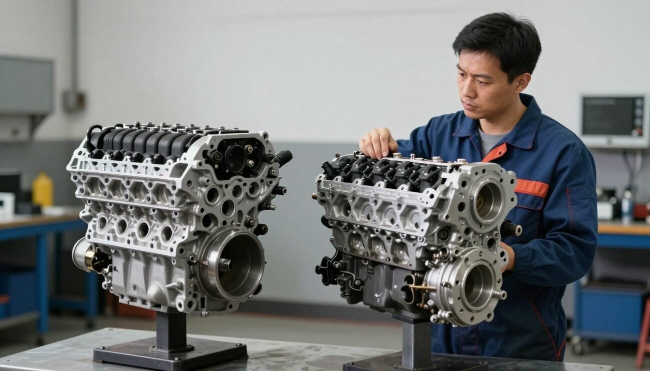 Mechanic comparing a Long Block vs Complete Engine Package in a workshop environment