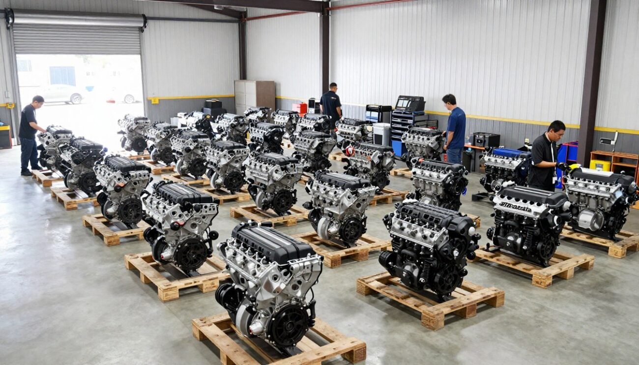 Multiple JDM engines in a warehouse showing variety of options