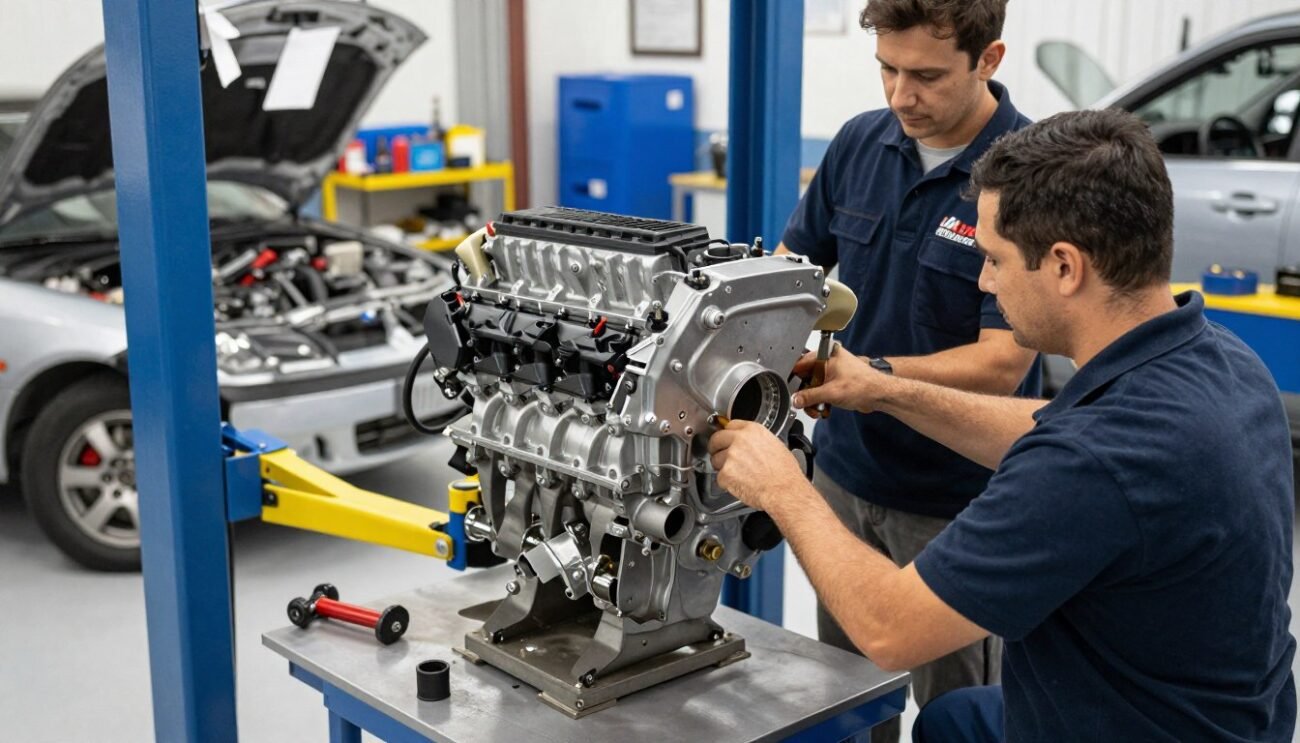 Professional mechanics installing a JDM engine into a vehicle