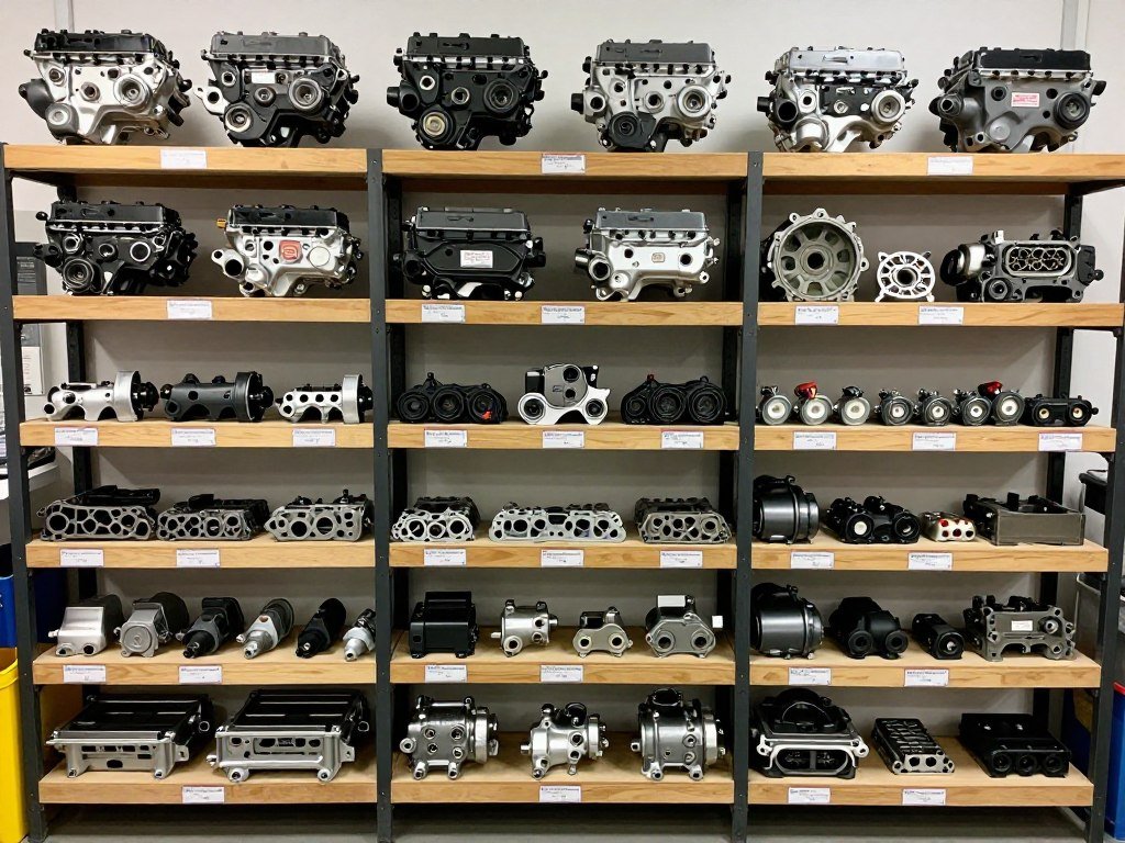 Shelves of JDM engine parts and components